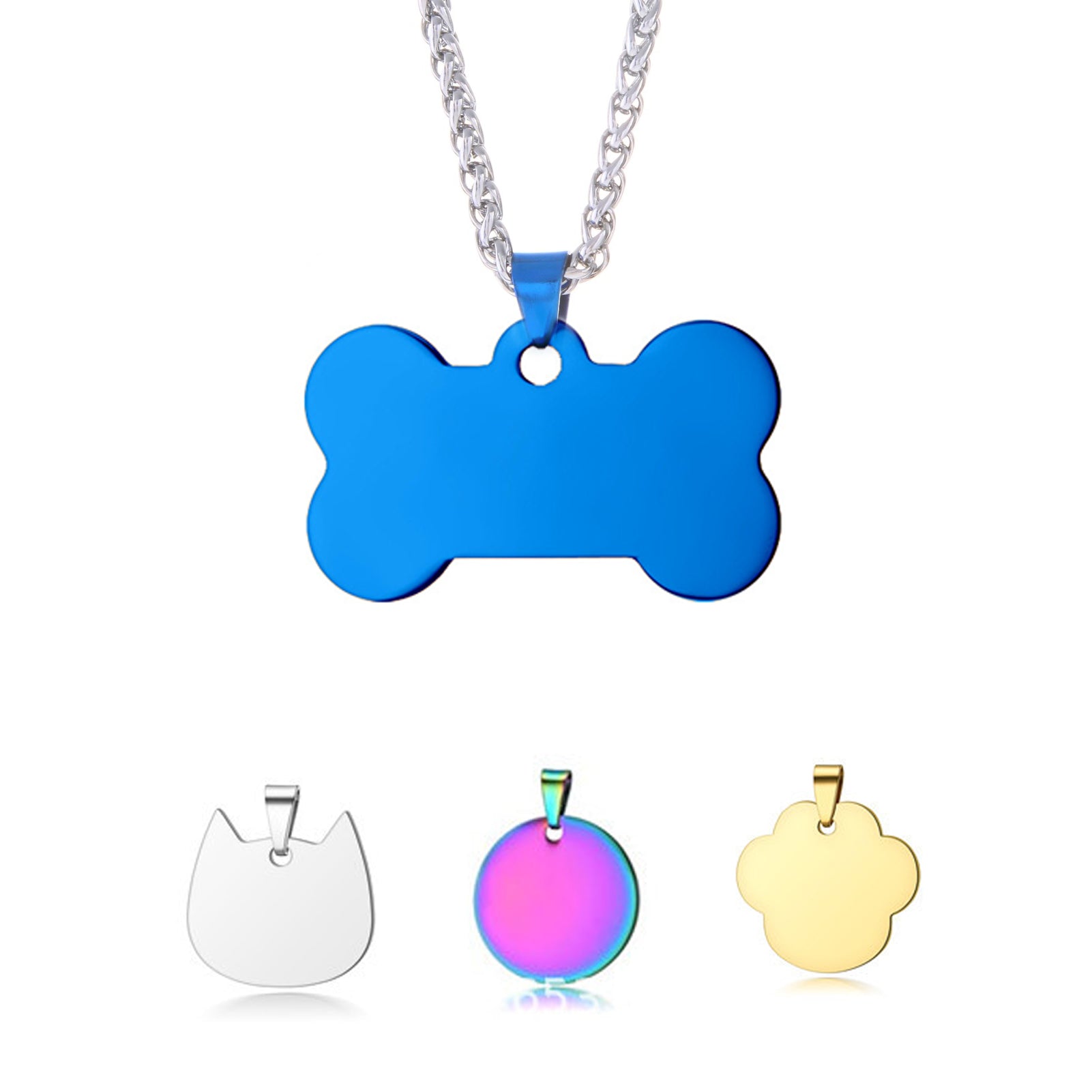 An image showcasing a set of 20pcs Titanium Steel Blank Stamping Tags Pets Tag Metal Pendant Charms for Falcon Laser Engraving created with a CrealityFalcon laser engraver. A blue bone-shaped tag hangs on a silver chain at the top. Below, from left to right, are a silver cat head-shaped tag, a multicolored round tag, and a yellow paw print-shaped tag, all with loops for attaching to collars.