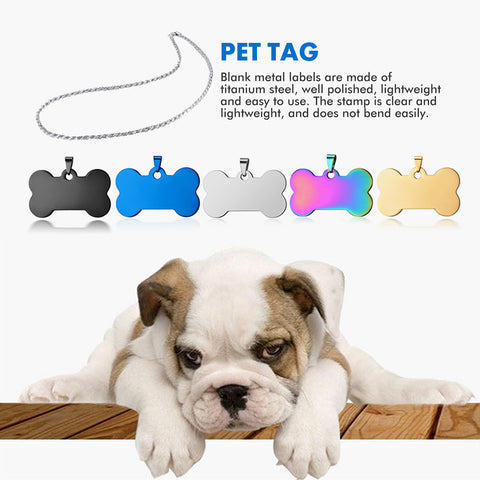 Image of five bone-shaped pet tags in different colors (black, blue, silver, rainbow, gold) with a chain above them. At the bottom of the image, a sad-looking bulldog puppy rests its head and paws on a wooden surface. Text reads "20pcs Titanium Steel Blank Stamping Tags Pets Tag Metal Pendant Charms for Falcon Laser Engraving" with a description of the tags made using an engraver from CrealityFalcon crafts.