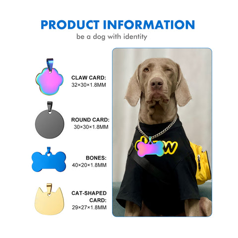Image showing a product information chart for 20pcs Titanium Steel Blank Stamping Tags Pets Tag Metal Pendant Charms for Falcon Laser Engraving by CrealityFalcon, crafted with precision. It features a photo of a dog wearing a laser-engraved bone-shaped tag. The chart includes four tag shapes: claw, round, bone, and cat-shaped, with their dimensions listed. Text reads "be a dog with identity.