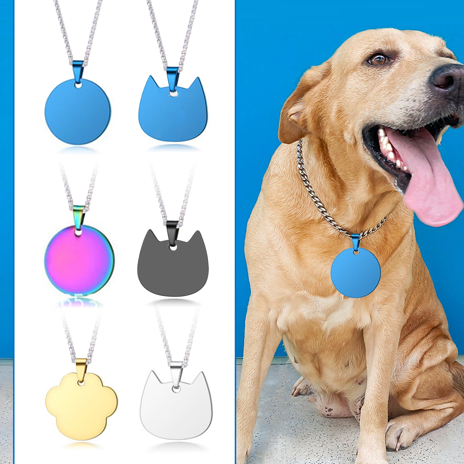 A yellow Labrador with its tongue out sits next to a display of various colorful pet ID tags, including round, cat head, and bone shapes, crafted with precise laser engraving on metallic chains. The background is a solid blue color. Featured prominently are the 20pcs Titanium Steel Blank Stamping Tags Pets Tag Metal Pendant Charms for Falcon Laser Engraving by CrealityFalcon.