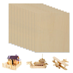 A set of nine thin wooden boards is arranged vertically. Below the boards, there are three completed wooden model kits: a house with a picket fence, a detailed ship, and a biplane. Each piece showcases intricate designs that could have been crafted using the 10pcs Plywood Sheets 1/8" Thickness Basswood Plywood 8.27x11.7x0.12" for Falcon Laser Engraving from CrealityFalcon against a white background.