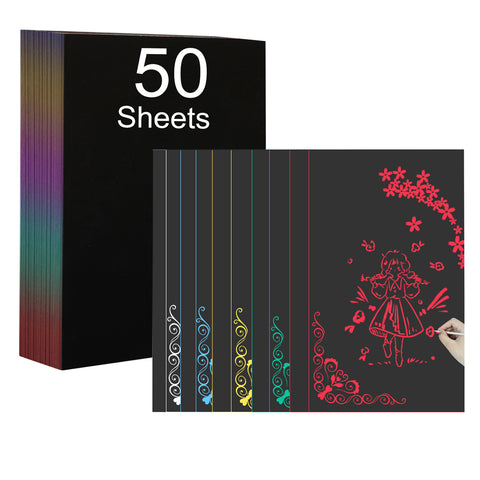 A stack of 50 sheets of CrealityFalcon 50 Sheets A4 Scratch Paper 5 Colors Scratch Arts Painting Drawing Paper for Falcon Laser Engraving with a rainbow edge. Several sheets are fanned out, displaying colorful designs including flowers and borders. A hand equipped with a laser tool is shown scratching off the black surface to reveal a drawing of a girl surrounded by butterflies.