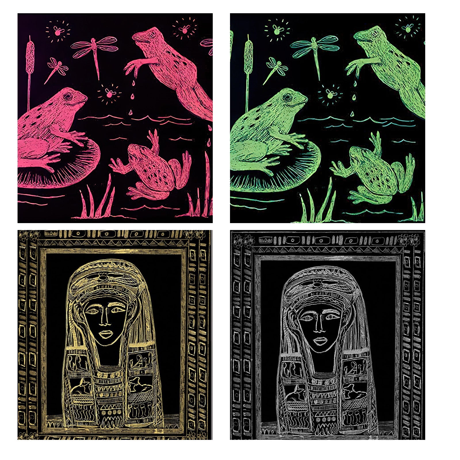 A collage featuring four scratch art drawings. The top two show frogs and dragonflies among reeds, with one frog leaping. The bottom two depict an ancient Egyptian figure, possibly a pharaoh or deity, framed by intricate patterns. Perfect for crafts enthusiasts, the vibrant colors stand out on black backgrounds. This creation is made with 50 Sheets A4 Scratch Paper 5 Colors Scratch Arts Painting Drawing Paper for Falcon Laser Engraving by CrealityFalcon.