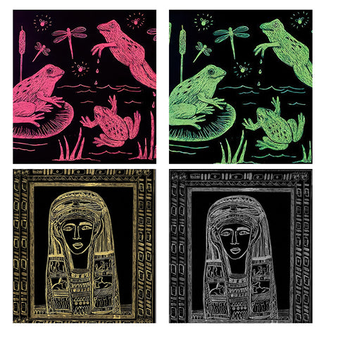 A collage featuring four scratch art drawings. The top two show frogs and dragonflies among reeds, with one frog leaping. The bottom two depict an ancient Egyptian figure, possibly a pharaoh or deity, framed by intricate patterns. Perfect for crafts enthusiasts, the vibrant colors stand out on black backgrounds. This creation is made with 50 Sheets A4 Scratch Paper 5 Colors Scratch Arts Painting Drawing Paper for Falcon Laser Engraving by CrealityFalcon.