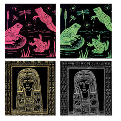 A collage featuring four scratch art drawings. The top two show frogs and dragonflies among reeds, with one frog leaping. The bottom two depict an ancient Egyptian figure, possibly a pharaoh or deity, framed by intricate patterns. Perfect for crafts enthusiasts, the vibrant colors stand out on black backgrounds. This creation is made with 50 Sheets A4 Scratch Paper 5 Colors Scratch Arts Painting Drawing Paper for Falcon Laser Engraving by CrealityFalcon.