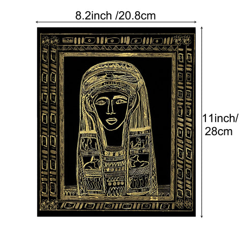 Gold outlined portrait of an ancient Egyptian figure on a black background, crafted with meticulous precision using 50 Sheets A4 Scratch Paper 5 Colors Scratch Arts Painting Drawing Paper for Falcon Laser Engraving by CrealityFalcon, framed with a decorative border featuring hieroglyphic-like symbols. The dimensions of the artwork are 8.2 inches (20.8 cm) in width and 11 inches (28 cm) in height.