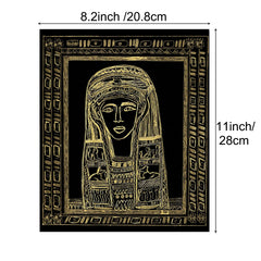 Gold outlined portrait of an ancient Egyptian figure on a black background, crafted with meticulous precision using 50 Sheets A4 Scratch Paper 5 Colors Scratch Arts Painting Drawing Paper for Falcon Laser Engraving by CrealityFalcon, framed with a decorative border featuring hieroglyphic-like symbols. The dimensions of the artwork are 8.2 inches (20.8 cm) in width and 11 inches (28 cm) in height.