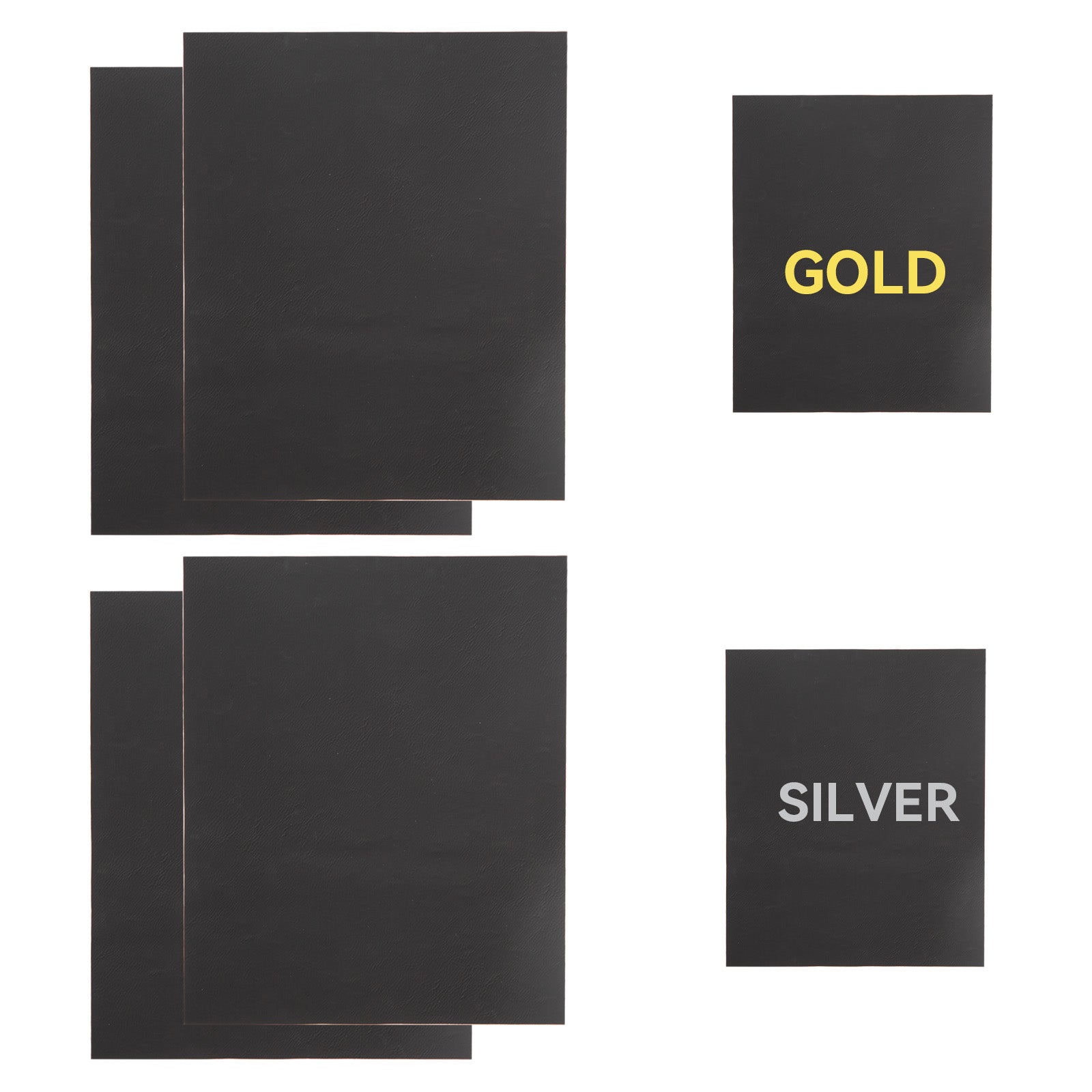 The image showcases six black sheets of varying sizes, arranged vertically, ideal for crafts. Two labeled sheets are to the right: "GOLD" is labeled in yellow on the upper sheet and "SILVER" in gray on the lower sheet. The precision resembles that of a CrealityFalcon Black Leather Repair Patch Self 10x12" 4pcs for Falcon Laser Engraving and Cutting's meticulous work.