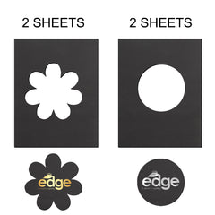 An image displaying two black sheets with laser-cut shapes: a flower on the left and a circle on the right. Below each sheet is the corresponding shape cut-out, featuring the word "edge" on both. Text reads "2 SHEETS" above each black sheet, showcasing an elegant crafting technique using CrealityFalcon's Black Leather Repair Patch Self 10x12" 4pcs for Falcon Laser Engraving and Cutting.