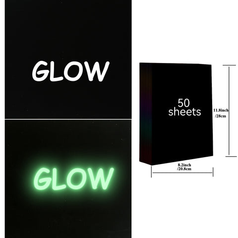 Image shows a product photo featuring 50pcs A4 Luminous Scratch Paper Fluorescent Scratch for Falcon Laser Engraving. The left side displays text "GLOW" in white on a black background, glowing green below it. On the right, dimensions of the sheets are shown: 11.8 inches by 8.2 inches—perfect for laser cutting with your CrealityFalcon machine.