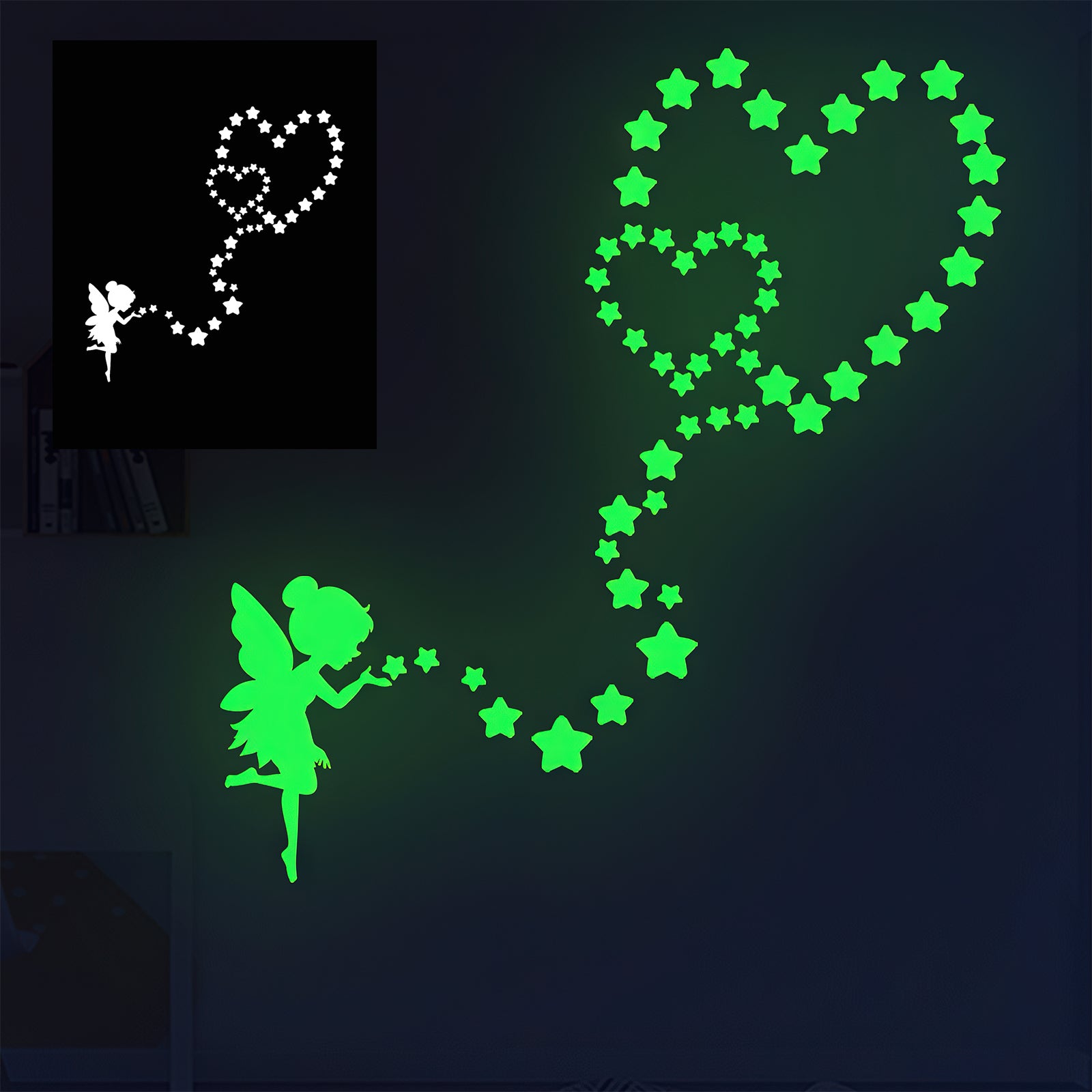 Glow-in-the-dark wall stickers featuring a silhouette of a fairy blowing a trail of glowing stars that form two connected hearts. The scene creates a magical and whimsical atmosphere against a dark background, reminiscent of designs crafted with precise laser technology, such as the 50pcs A4 Luminous Scratch Paper Fluorescent Scratch for Falcon Laser Engraving from CrealityFalcon. An inset shows the stickers' appearance in light.