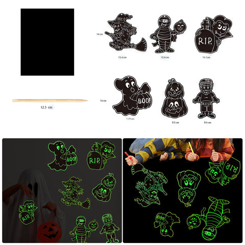 Collection of Halloween-themed glow-in-the-dark stickers including witches, mummies, ghosts, pumpkins, skeletons, and tombstones. Includes dimensions for each sticker, a wooden stick for crafts like an engraver uses, and images of children using the stickers in the dark.

50pcs A4 Luminous Scratch Paper Fluorescent Scratch for Falcon Laser Engraving by CrealityFalcon
