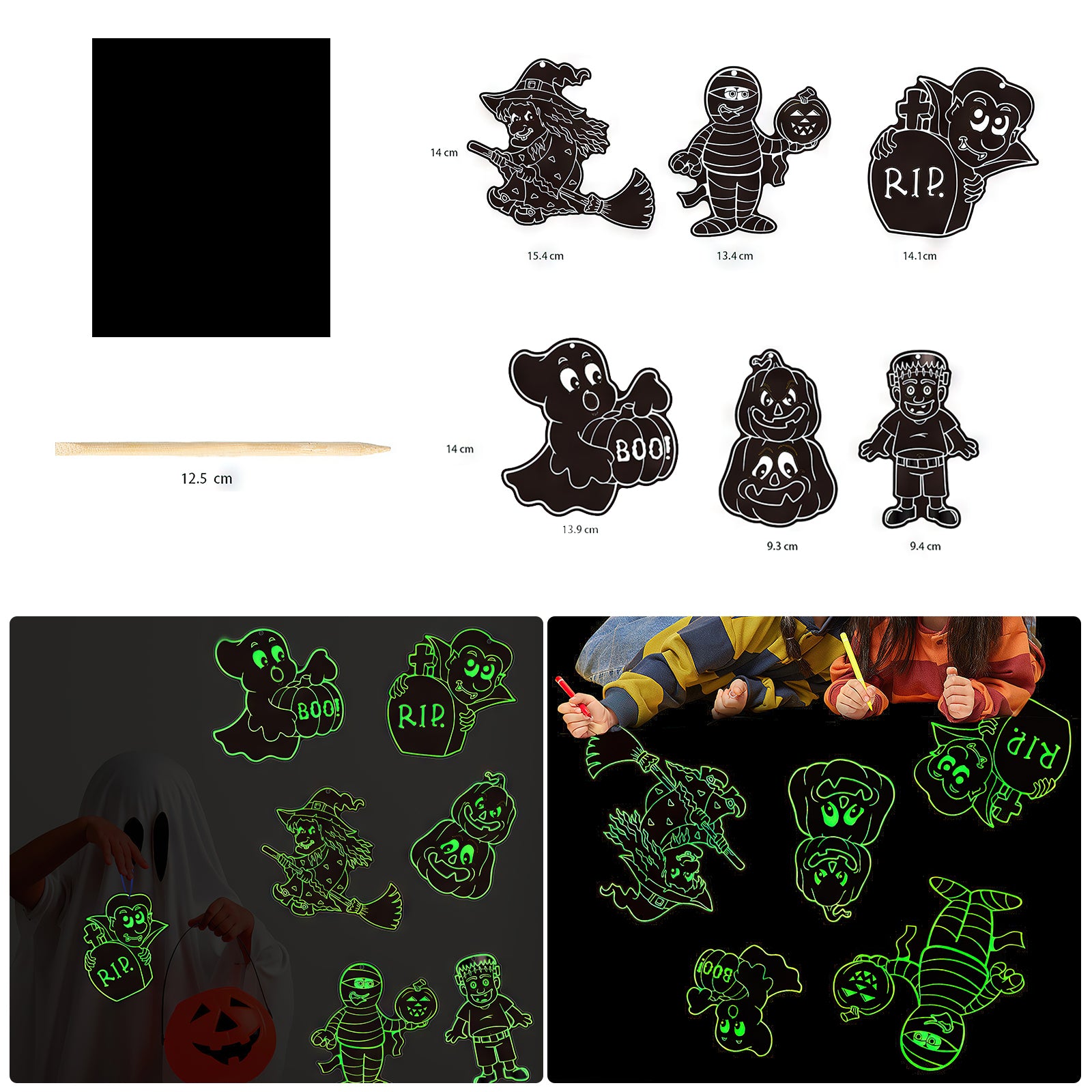 The image showcases a variety of Halloween-themed glow-in-the-dark stickers, including characters like a witch, mummy, ghost, pumpkin, and gravestone. There are also dimensions for each sticker and a picture of children using these fun crafts in a dark setting. In the background, you can see the 50pcs A4 Luminous Scratch Paper Fluorescent Scratch for Falcon Laser Engraving by CrealityFalcon being used to create intricate designs that add an extra layer of creativity to the project.