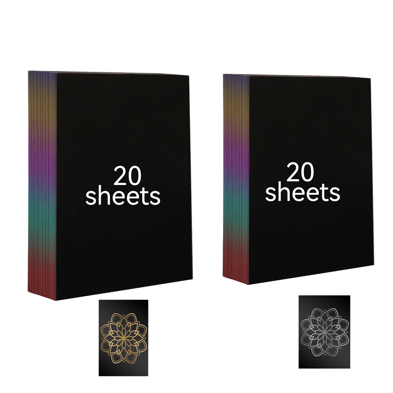 Two stacks of 20 sheets each are displayed side by side. The sheets in each stack have a black surface with a rainbow-colored edge. Below each stack, there is a scratch art design created using an engraver, featuring a floral pattern, with one outlined in gold and the other in silver. The product shown is CrealityFalcon's 40pcs A4 Gold Silver Scratch Paper Crafts Scratch Arts for Falcon Laser Engraving.