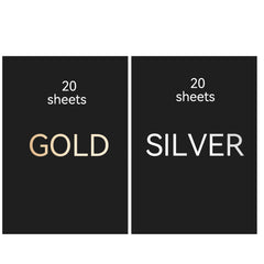 Two side-by-side black sheets showcase text. The one on the left reads "20 sheets GOLD" in white and gold text, perfect for crafts. The one on the right reads "20 sheets SILVER" in white and silver text, ideal for your CrealityFalcon 40pcs A4 Gold Silver Scratch Paper Crafts Scratch Arts for Falcon Laser Engraving projects.