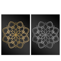 Two ornate mandala designs on a black background. The left mandala is gold, featuring intricate floral and geometric patterns. The right mandala is silver, with a similar design to the gold one, emphasizing symmetrical shapes and detailed line work. Perfect for laser crafts using CrealityFalcon 40pcs A4 Gold Silver Scratch Paper Crafts Scratch Arts for Falcon Laser Engraving technology.