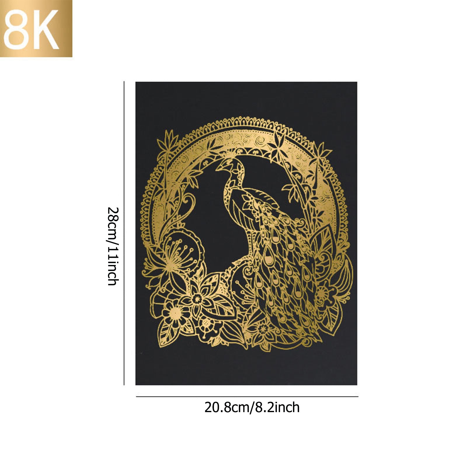 A golden intricate design of a peacock surrounded by ornate floral patterns is displayed on a black background, showcasing exceptional craftsmanship. The image dimensions are 28cm x 20.8cm (11 inches x 8.2 inches), with an "8K" label in the top left corner, capturing every detail as if engraved by the CrealityFalcon 40pcs A4 Gold Silver Scratch Paper Crafts Scratch Arts for Falcon Laser Engraving.