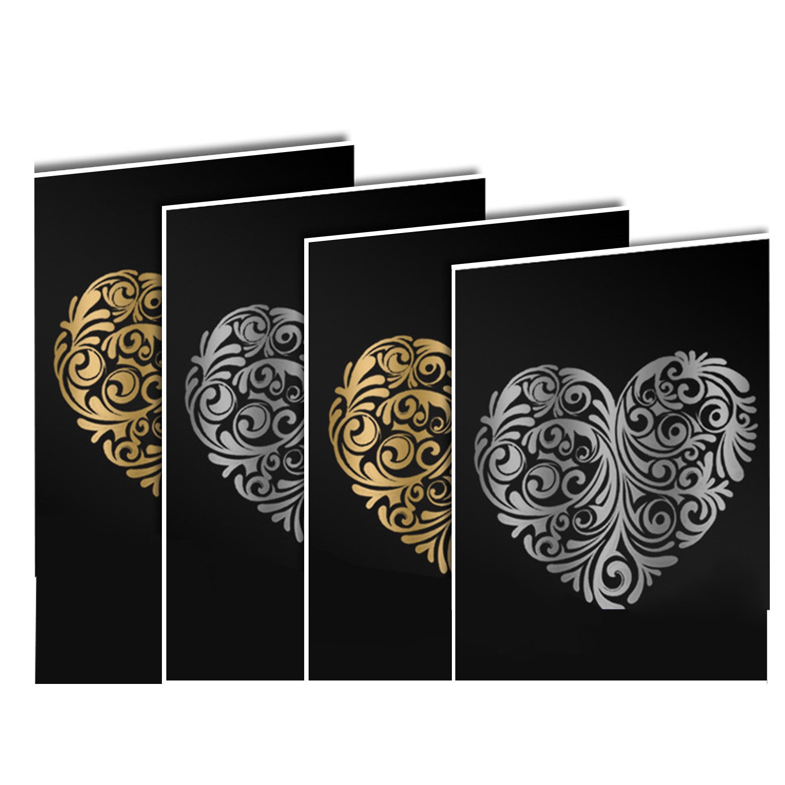 Forty pieces of A4 gold and silver scratch paper crafts for scratch arts, designed for CrealityFalcon laser engraving. Two cards feature gold-colored designs and the other two silver-colored, all with ornate, swirling, floral-like patterns. Perfect for crafts enthusiasts who appreciate fine detail.