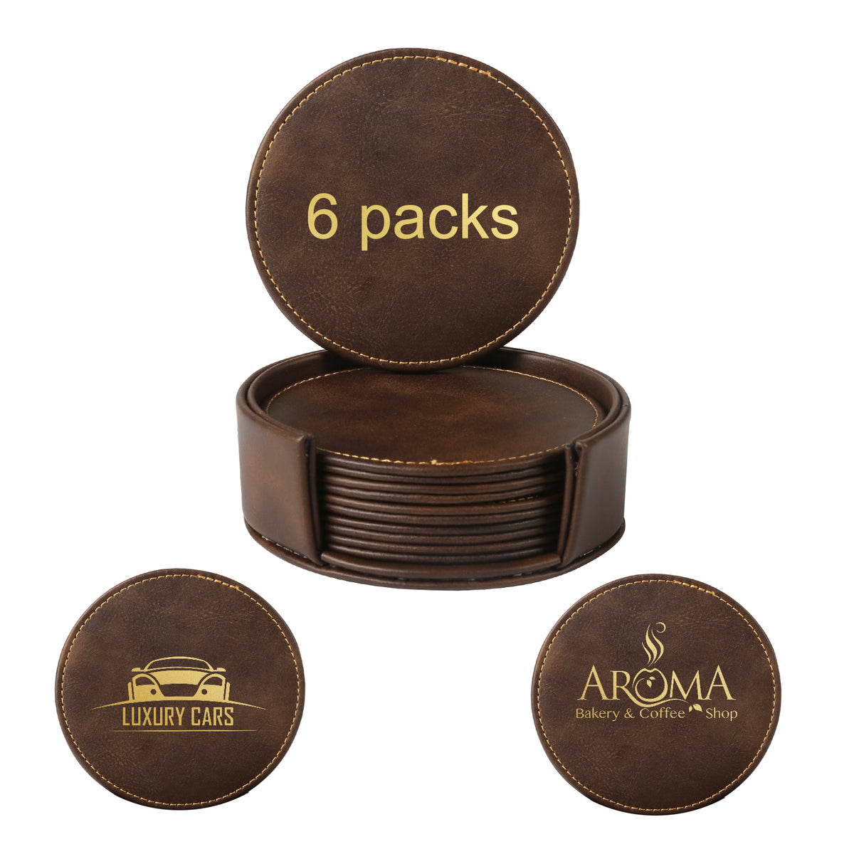 Personalized Brown Leather Coasters & Holder 4" 6pcs for Home Laser Engraving