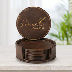 Personalized Brown Leather Coasters and Holder 4" for Laser Engraving - 6pcs