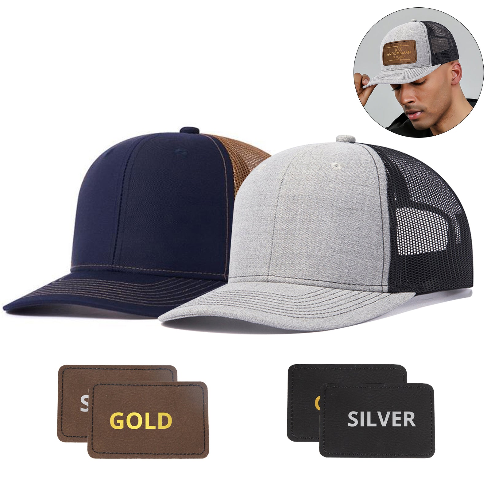 Two CrealityFalcon 2 pcs Adjustable Men Mesh Trucker Hats with 4pcs Self-adhesive Cap Stickers for Laser Engraving are displayed. One hat is navy blue with brown mesh, and the other is light gray with black mesh. Below are leather patches labeled "GOLD" and "SILVER," masterfully crafted using laser techniques. An inset shows a person wearing the gray hat with a brown patch.