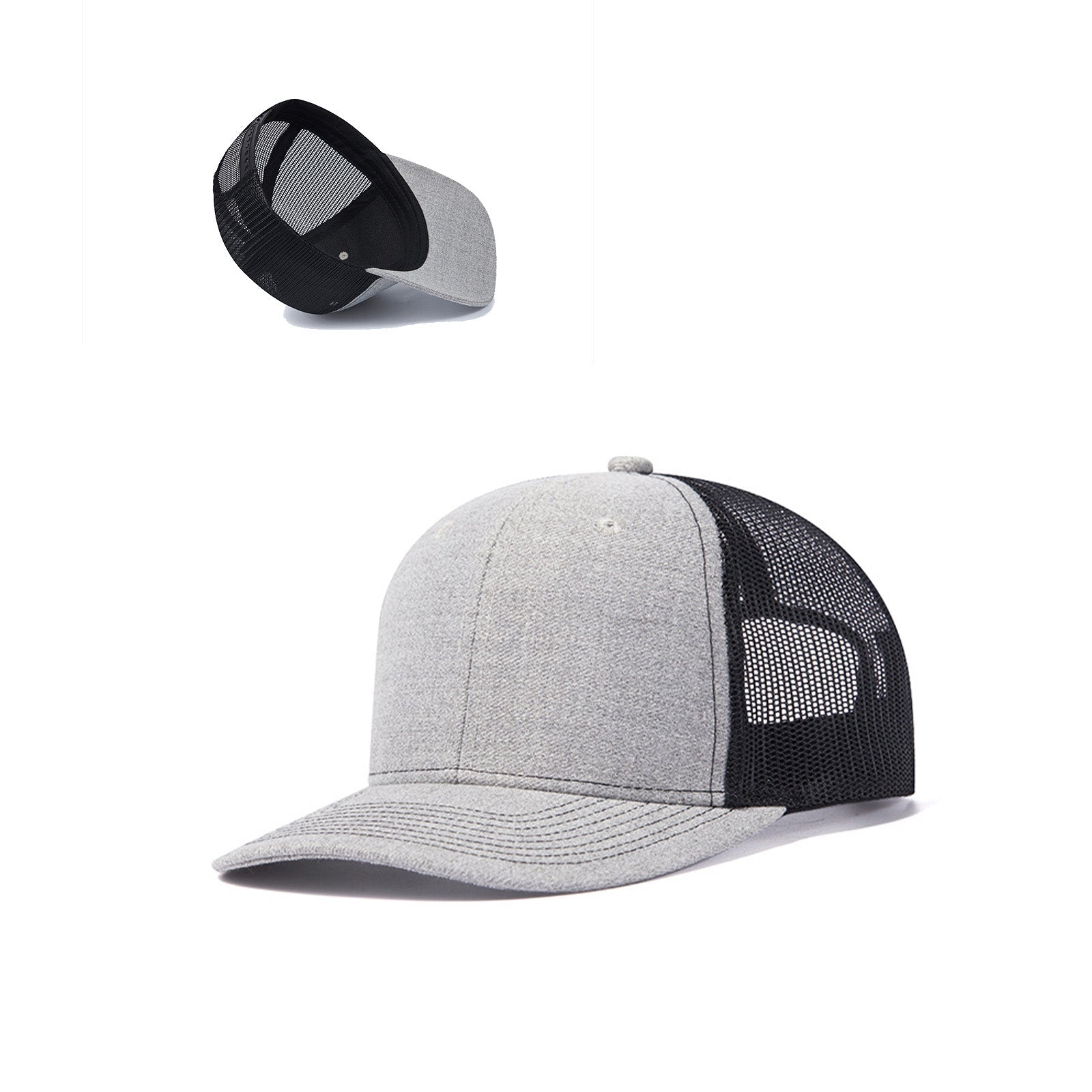 A gray baseball cap with a black mesh back. The cap features a curved brim and an adjustable snapback closure, perfect for outdoor crafts. Inset image shows the back view of the cap. This is the "2 pcs Adjustable Men Mesh Trucker Hat with 4pcs Self-adhesive Cap Stickers for Laser Engraving" by CrealityFalcon.