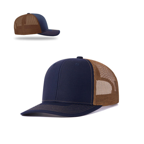 A navy blue and brown trucker hat with a solid blue front and brim, and brown mesh on the back and sides. Featuring a curved visor and a snapback closure, this hat is perfect for everyday wear. Another smaller image of the same hat is placed above it, artfully highlighting its design like a CrealityFalcon 2 pcs Adjustable Men Mesh Trucker Hat with 4pcs Self-adhesive Cap Stickers for Laser Engraving crafted masterpiece.