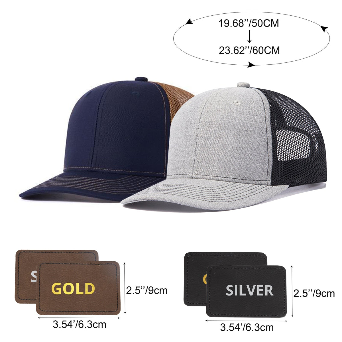 Two CrealityFalcon 2 pcs Adjustable Men Mesh Trucker Hats with 4pcs Self-adhesive Cap Stickers for Laser Engraving are displayed side by side. One hat is navy blue with a brown mesh back, and the other is light grey with a black mesh back. Dimensions of the hats are listed above them, while below, two laser-engraved patches labeled "GOLD" and "SILVER" showcase fine craftsmanship.