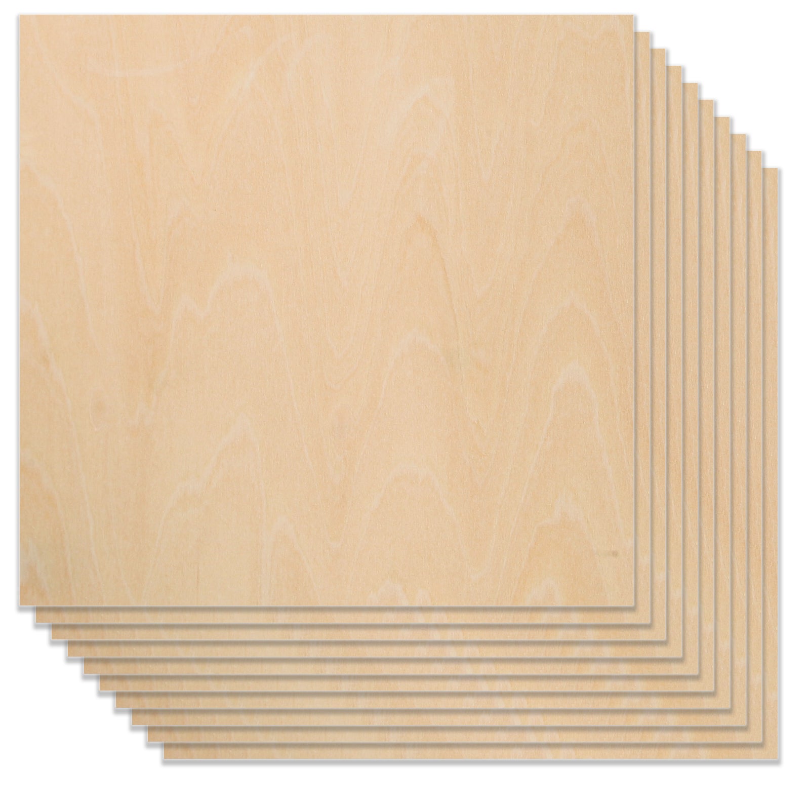 A stack of ten thin, light 10pcs A4 Plywood Sheets 11.8*11.8*1/8” for Falcon Laser Engraving And Cutting with a smooth surface and subtle, natural grain patterns. Perfect for use with a Creality Falcon laser engraver, the sheets are fanned out slightly so that the edges of each sheet are visible.
