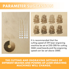 A display made from Natural Basswood Plywood Sheets by Creality Falcon illustrates laser engraving settings for DIY craft projects. The left side details speed and power parameters, while the right side features six intricate engraved designs of trees and nature on basswood boards. It advises using settings suitable for a 5W laser on 3mm wood, making it ideal for creative endeavors.