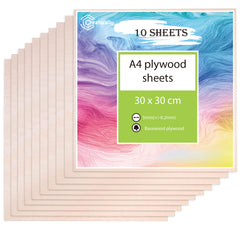 A set of 10 Creality Falcon Natural Basswood Plywood Sheets (11.8x11.8 inches, 1/8 inch thick +/-0.2mm), ideal for laser engraving and any DIY craft project, with the top sheet showcasing a colorful design background and text detailing the specifics.