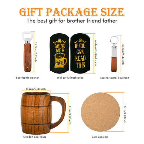 Men's Birthday Gift Set: Beer Opener, Coaster, Wood Mug, Keychain, Socks for Falcon Laser Engraving