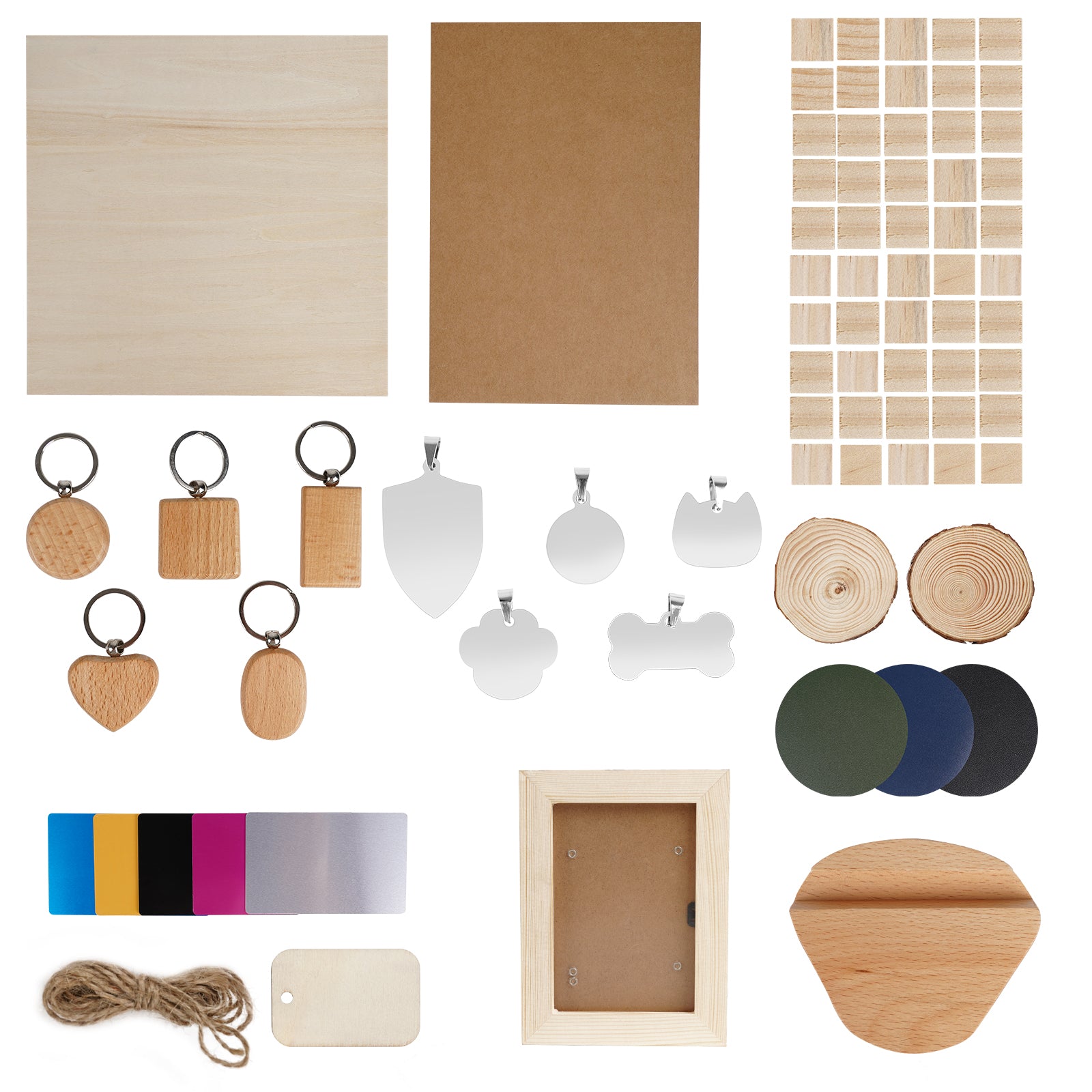 A flat lay of various crafting materials for laser engraver owners, including wooden squares, keychain blanks, metallic pendants, a rope, wooden slices, colored vinyl sheets, a small wooden box, and a wooden stand. The items are neatly arranged on a white background—perfect for DIY projects. Featured product: CrealityFalcon's Laser Material Kit: 11 Types Stainless Steel & Pine Wood for Falcon CNC Laser Engraving.