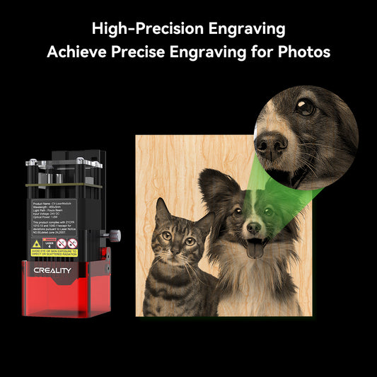 The Creality Falcon Laser Module 1.6W effortlessly engraves a wooden plaque with a cat and dog while purifying smoke. Above the red-based machine, the text reads: "High-Precision Engraving – Achieve Precise Engraving for Photos." Falcon Safe ensures compatibility with various machines.