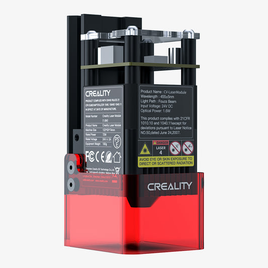 The Creality Falcon Laser Module 1.6W for More Detail Projects features a striking black and red design with Falcon Safe regulatory symbols and a warning against direct eye exposure. It integrates seamlessly with compatible machines, ensuring safe and efficient use.