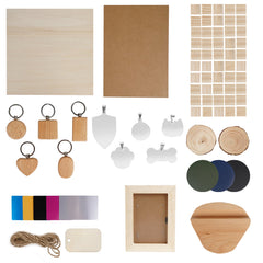 Introducing the Autumn Crafting Package from CrealityFalcon, a versatile set perfect for various creative projects. This set features blank wooden plaques, small wood slices, keychain accessories, cardboard squares, wooden shapes, metal keychain attachments ideal for laser engraving, a glass jar with string, colorful sheets of fluorescent scratch paper and basswood sheets as well as a small wooden box.