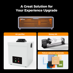 A promotional image features a 3D printer, titled "A Great Solution for Your Experience Upgrade" with CoreXY technology. Also displayed are images of an air purifier, a rotary kit, and the Creality Falcon A1 10W Enclosed Laser Engraver and Cutter, showcasing Auto Materials Recognition for seamless integration.