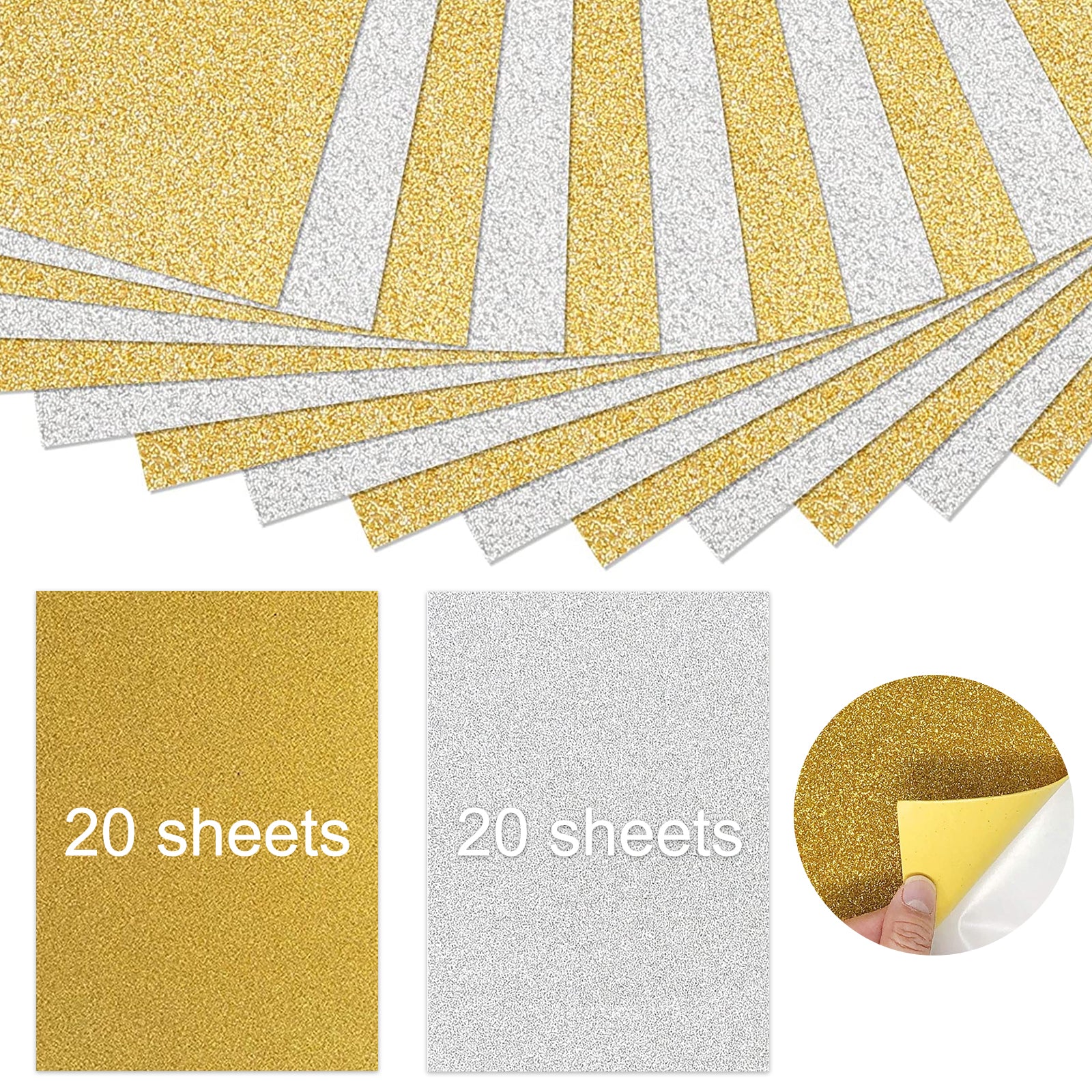 The image shows CrealityFalcon 40 Sheets Gold and Silver Glitter Cardstock Paper A4 Self Adhesive Glitter Paper for DIY Crafts, perfect for crafts. Two full sheets are displayed in the foreground, one gold and one silver, each labeled "20 sheets." Additionally, a close-up of a hand peeling back the corner of a gold glitter sheet is included.