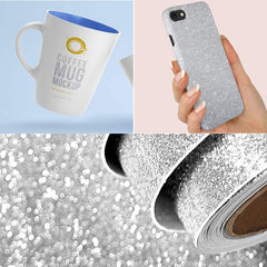 A composite image featuring four panels: the top-left shows a white coffee mug with a blue interior and text "COFFEE MUG MOCKUP;" the top-right depicts a hand holding a silver, glittery phone case; the bottom-left displays a close-up of glitter; and the bottom-right shows an intricate roll of laser-cut, glittery material, CrealityFalcon 40 Sheets Gold and Silver Glitter Cardstock Paper A4 Self Adhesive Glitter Paper for DIY Crafts.