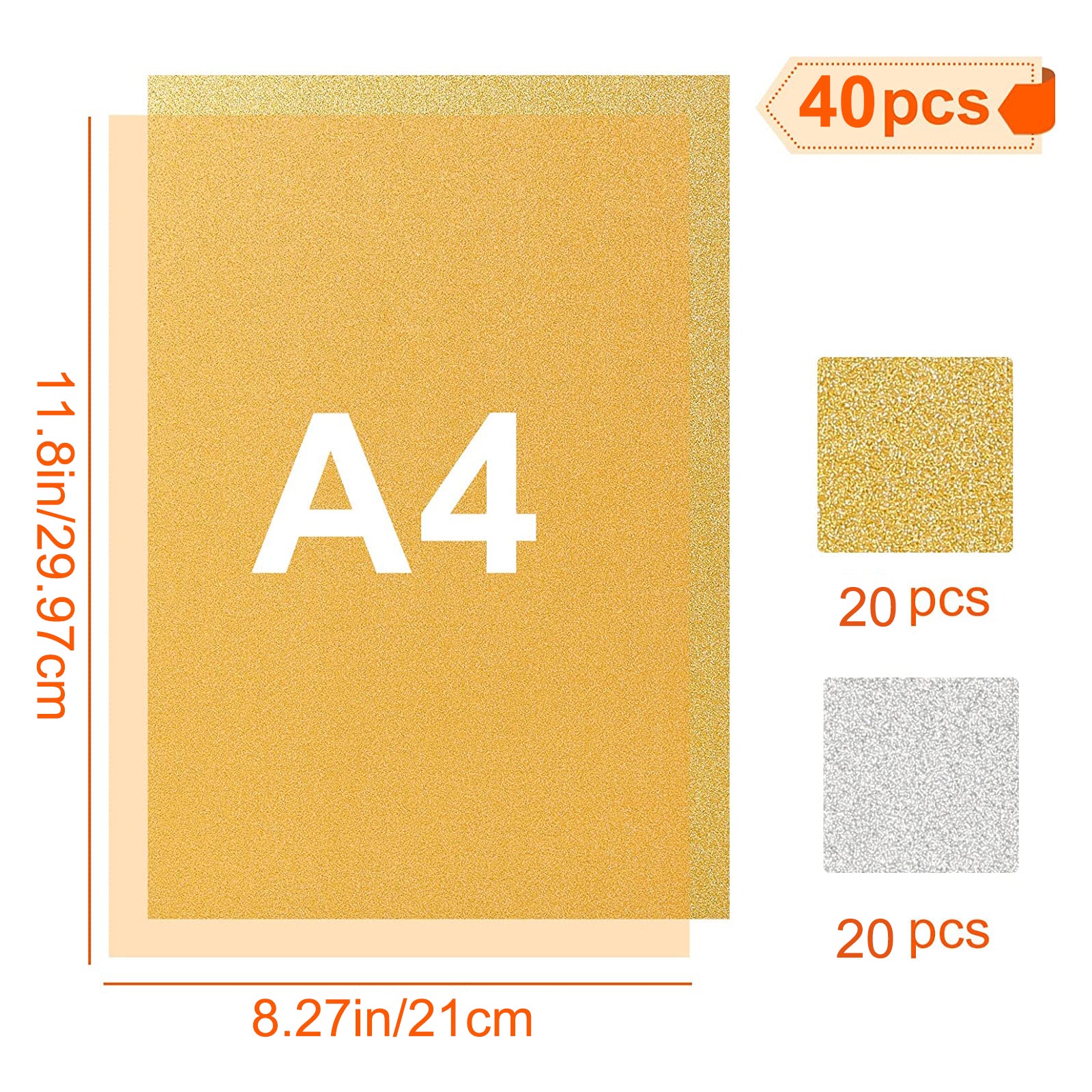 Image displaying a pack of CrealityFalcon 40 Sheets Gold and Silver Glitter Cardstock Paper A4 Self Adhesive Glitter Paper for DIY Crafts, perfect for crafts. The size is A4 (11.8in x 8.27in). The pack includes 20 pieces of gold glitter paper and 20 pieces of silver glitter paper, ideal for use with a laser engraver. The details are presented with text and precise measurements in the image.