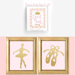 An image featuring three decorative frames crafted with precision. The top frame has a "Guest Book" sign with a crown illustration, meticulously detailed like it was formed by a laser engraver. The two bottom frames display glittery gold silhouettes; one of a ballerina and the other of ballet shoes, all set against a light pink background, made using CrealityFalcon's 40 Sheets Gold and Silver Glitter Cardstock Paper A4 Self Adhesive Glitter Paper for DIY Crafts.