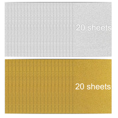 An image showing two stacks of rectangular sheets arranged side by side. The top stack consists of white sheets with vertical lines, labeled "20 sheets." The bottom stack consists of gold sheets with vertical lines, also labeled "20 sheets," ready for precise detailing with a 40 Sheets Gold and Silver Glitter Cardstock Paper A4 Self Adhesive Glitter Paper for DIY Crafts by CrealityFalcon.