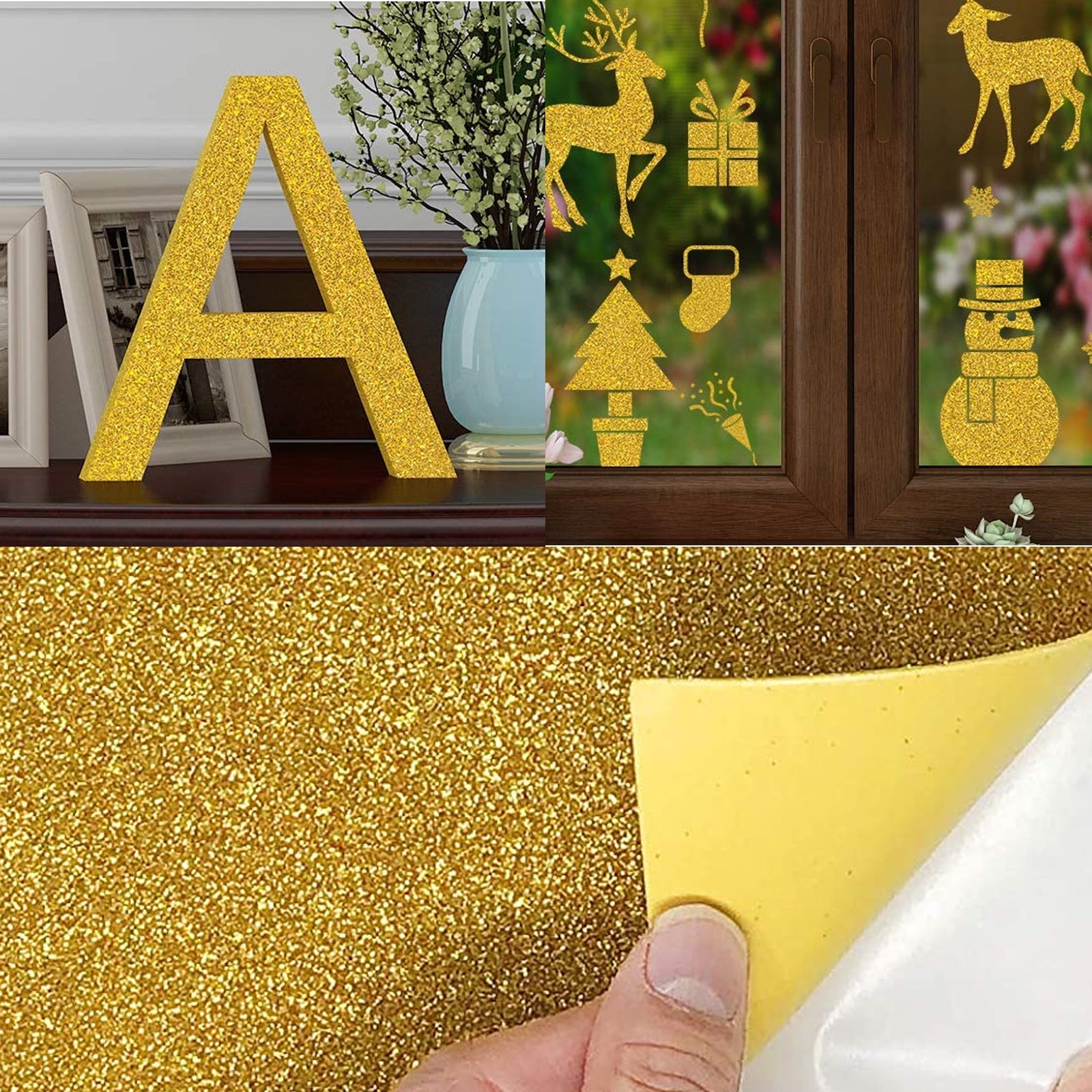 A collage of three images. Top left: A large, glittery gold letter "A" on a table. Top right: Gold Christmas-themed window decorations including a reindeer, tree, bell, and snowman. Bottom: A close-up of a hand peeling a sheet of 40 Sheets Gold and Silver Glitter Cardstock Paper A4 Self Adhesive Glitter Paper for DIY Crafts crafted using the CrealityFalcon engraver.