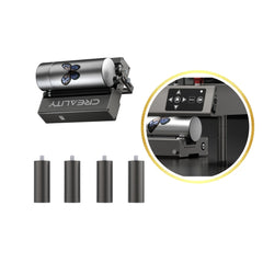 The Creality Falcon Rotary Roller with Adjustable Risers Bundle for Laser Engraving Machines features a metallic machine equipped with a butterfly design on its cylindrical attachment and a circular inset showcasing the control panel. The product includes four cylindrical objects displayed separately below, accompanied by the rotary roller kit, ideal for laser engraving.