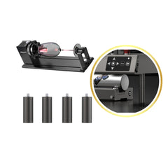 The Creality Falcon Rotary Kit Pro is designed for precision engraving on cylindrical objects, featuring a black base and control panel with detailed operation buttons. It includes four adjustable jaws with anti-slip soft pads.