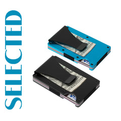 Creality Falcon's Men's Slim Metal Wallets come in a set of two, featuring one blue and one black wallet, each with a money clip capable of holding folded bills and cards. The left side is vertically adorned with the word "SELECTED" in blue text. These wallets also include RFID blocking technology for enhanced security.