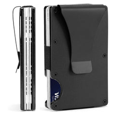 Displayed is a Creality Falcon Men's Slim Metal Wallet in a minimalist black design. This sleek and modern wallet comes with RFID blocking capabilities and offers a convenient money clip along with several card slots. In one of these slots, a partially visible Visa card can be seen, highlighting its practicality.