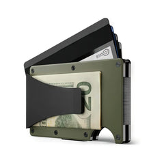 The Creality Falcon Men's Slim Metal Wallets - RFID Blocking Money Clip & Card Holder offers a minimalist design, capable of holding cash and multiple cards. This sophisticated wallet set features a sleek metal exterior along with RFID shielding, complemented by a dark elastic band to secure folded bills.