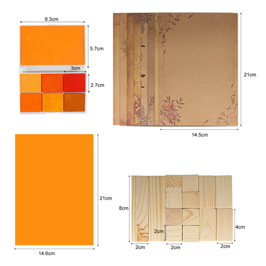 Top left: 9.3cm x 5.7cm orange paper with Creality Falcon Wooden Rubber Stamp Set and 6-color ink pad for DIY stamping. Top right: 14.5cm x 21cm brown floral paper. Bottom left: 14.6cm x 21cm orange paper sheet. Bottom right: Varying size wooden blocks for laser engraving projects.