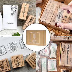 Wooden Rubber Stamp Set with 6-Color Ink Pad for Crafting - 14pcs